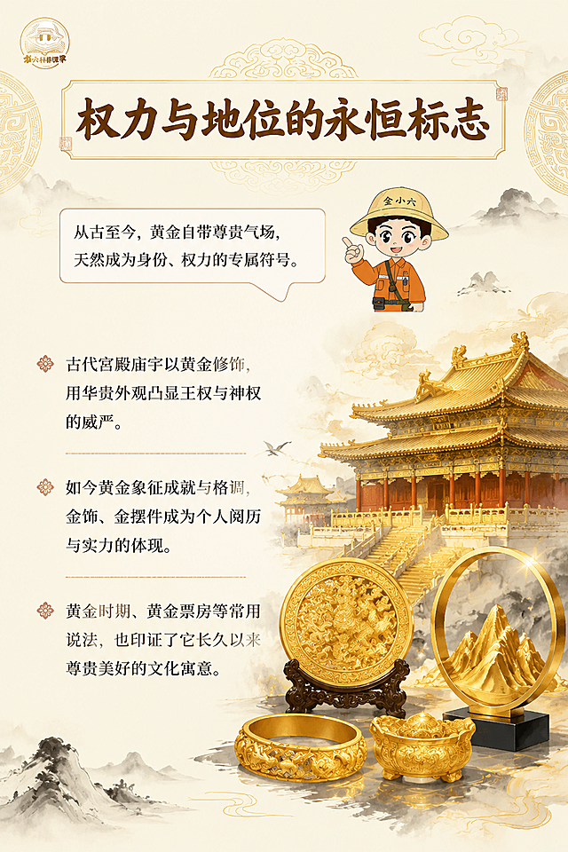 [第2屏] 权力与地位的永恒标志-黄金文化寓意科普页。本屏延续【图1】【图2】国风插画风格。
[氛围/风格] 古风新绘，柔和暖金色调，虚实结合的拼接插画，文化科普质感，整体风格统一。
[元素布局] 顶部放置板块主标题，标题下方放置金小六叙事对话框，中部左侧放置文案区域，右侧为古风鎏金宫殿彩绘和现代轻奢金器拼接插画，背景搭配浅淡水墨纹理，整体排版疏密适中。
[光影质感] 整体光线均匀柔和，插画部分保留暖金光泽层次，文字区域通透干净，确保阅读清晰。
[配色色系] 全局底色#F7F0E3，主色暖金棕，辅助色水墨灰，文字深棕色。
[视角构图] 竖版从上到下排版，符合移动端从上到下阅读动线，图文左右分区平衡。
[文字版式] 顶部主标题："权力与地位的永恒标志"，加粗棕色书法字体；主标题下对话框放置金小六叙事："从古至今，黄金自带尊贵气场，天然成为身份、权力的专属符号。"；正文文案："古代宫殿庙宇以黄金修饰，用华贵外观凸显王权与神权的威严。如今黄金象征成就与格调，金饰、金摆件成为个人阅历与实力的体现。黄金时期、黄金票房等常用说法，也印证了它长久以来尊贵美好的文化寓意。"，清晰宋体排版，字号适配移动端阅读，文字不遮挡插画主体。
[比例分辨率] 2:3竖版比例，4K分辨率，文字清晰可辨，高清画质。
[负向提示词] 文字错乱，文字过小，结构错误，颜色偏差，背景杂乱，水印，变形