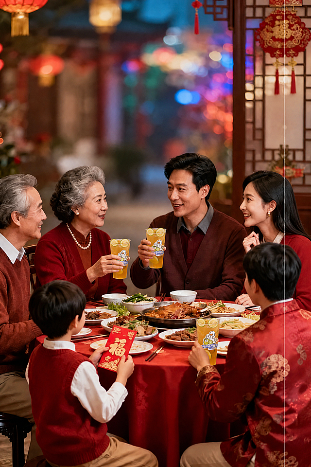 将图1中所有人手中拿着的红酒杯全部替换成图2样式的水果茶（鸭屎香柠檬茶，透明塑料杯装，金黄色茶汤，顶部有青柠片和冰块，杯身有卡通贴纸）。保持人物的手部姿势不变，只是把酒杯替换成果茶杯，杯子的大小和角度要与手部握持自然协调。保留原图的春节家庭聚餐氛围、红色调、灯笼背景、一桌丰盛的菜肴、人物穿着和表情都不变。整体画面自然真实，看不出修改痕迹，光影与原图一致，果茶杯在暖光下有自然的反光和通透感。