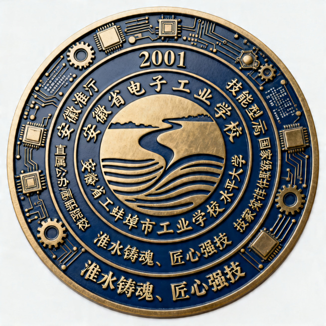 设计一个大学校徽，校址位于安徽蚌埠龙子湖大学城曹山路，淮河之滨皖北地区，体现2001年建校，由安徽省电子工业学校和蚌埠市工业学校两校合并而成，是安徽省工信厅直属公办高职院校，定位为技能型高水平大学、国预览效果