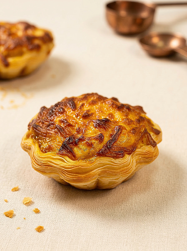 制作一张诱人的蛋挞美食海报，保留原图中金黄酥脆的芝士蛋挞，暖色调温馨烘焙风格，干净简洁画面，突出蛋挞酥脆层次和焦香芝士，预留海报文案位置