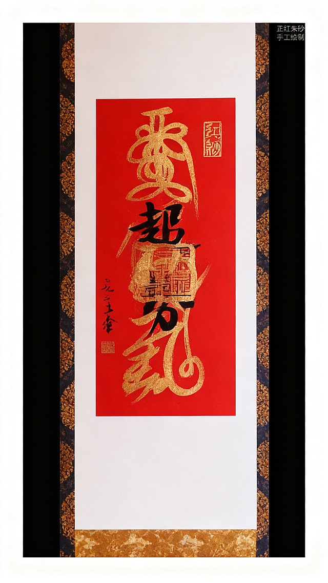 [第3屏] 画芯特写-朱砂色泽展示。本屏使用【图1】红色画芯做主体。
[氛围/风格] 细节放大，色彩饱和，突出朱砂本身的厚重质感。
[元素布局] 红色画芯占据画面中心70%区域，保留原图书法和朱砂颜色，背景纯黑，四周留少量留白透气。
[光影质感] 正面柔光，突出朱砂的正红色泽，金箔文字光泽自然。
[配色色系] 纯黑背景突出正红画芯，强烈对比，视觉冲击力强。
[视角构图] 平面特写，聚焦画芯本身。
[文字版式] 右上角小字「正红朱砂 手工绘制」，不遮挡主体。
[比例分辨率] 9:16竖版比例，4K分辨率，文字清晰可辨，高清画质。
[负向提示词] 颜色偏差，细节模糊，文字遮挡，变形。