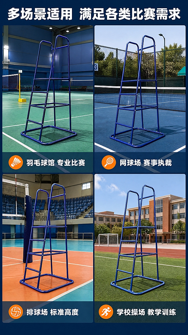 [商品] 使用【图7】站立式蓝色裁判椅；保留完整结构、蓝色涂装、比例和材质；增强金属质感和漆面光泽，不改变产品形态。
[画面] 目标：多场景应用拼图页。构图：2x2四宫格场景拼图，每格一个运动场景+裁判椅融入。景别：中景。信息载体：每格底部场景标签条。背景：四个不同运动场景，整体有深蓝边框。
[视觉] 套系策略：风格=运动场馆工业风商业摄影；标题字=粗黑体（思源黑体Heavy）；正文字=常规黑体（思源黑体Regular）；主色=深海蓝；背景延展=每格独立场景，整体深蓝边框统一；强调色=荧光橙；标题色=白色；正文色=白色/深灰；组件=场景标签条、橙色小图标；光影=各场景自然光，产品融入真实光影。
[文字] 顶部主标题"多场景适用 满足各类比赛需求"。四格场景：左上"羽毛球馆 专业比赛"，右上"网球场 赛事执裁"，左下"排球场 标准高度"，右下"学校操场 教学训练"。每格底部有半透明深蓝标签条+白色场景名。所有文字横排。
[规格] 图片比例9:16竖版，4K，负向提示：避免变形、错字、文字过小、产品比例失调、场景融合不自然、颜色偏差。