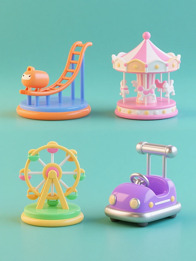 3D渲染风格，四个不同样式的游乐园主题元素，每个元素拥有独特配色，分别为橙色与蓝色搭配的过山车、粉色与白色搭配的旋转木马、绿色与黄色搭配的摩天轮、紫色与银色搭配的碰碰车，所有元素以纯色背景为衬托，整齐排列成两行两列，整体呈现出卡通化的圆润造型，表面有光滑的塑料质感和柔和的高光，营造出欢快明亮的氛围，光影效果柔和，阴影清晰且具有立体感，元素之间保持均匀间距，构图平衡对称。