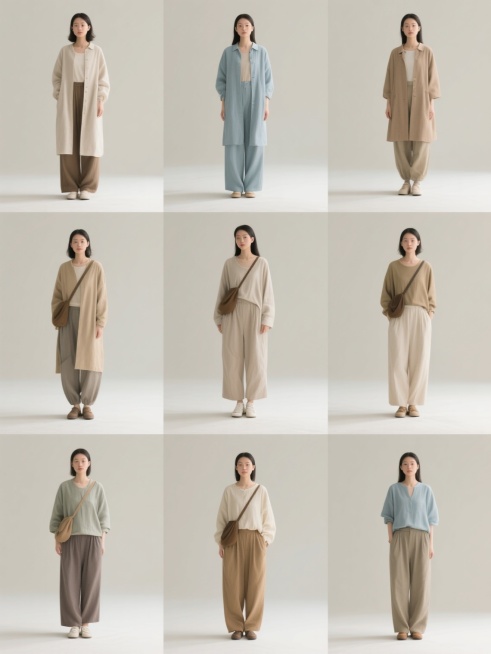 简约文艺风格的服装系列组合海报，正面站立的亚洲女性模特，保持原图中人物的姿态、发型及整体造型感，模特身着不同款式的宽松休闲服饰，包括长款外套、阔腿裤、灯笼裤等多种裤型与上衣的搭配组合，搭配风格统一的斜挎包和鞋子，人物形象边缘清晰，具有轻微的阴影效果以增强立体感，纯色背景（如米色、浅灰、淡蓝、卡其色等不同纯色背景的系列组合），整体画面采用柔和的自然光效果，光线均匀，色彩明亮柔和，服装色彩丰富但保……预览效果