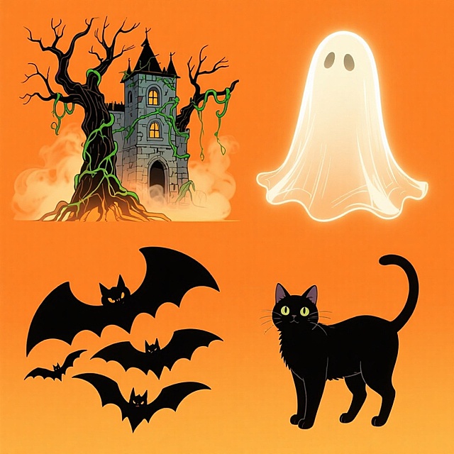 4个万圣节元素，分别是可爱幽灵、古堡、枯树蝙蝠、黑猫，高创意设计。上下两行整齐排列，不重叠，橙色背景。