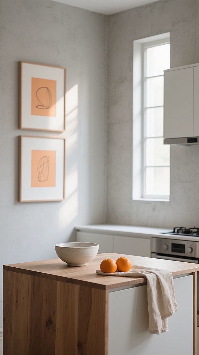 极简构图，60%留白空间，清晨柔和的漫射光从厨房右侧高窗斜射而入，在浅灰色水泥墙面上投下细长的窗格阴影与渐变光斑，左侧悬挂着三幅未装裱的极简线条素描，原木色中岛台占据画面底部三分之一，台面上仅放置一个素白粗陶碗，碗中随意卧着两枚深橙色柑橘，碗旁斜搭半卷米色棉麻餐布，背景虚化处可见局部的白色哑光橱柜与嵌入式不锈钢厨具，色调以高级灰、原木色与柑橘橙为核心，营造出克制、宁静且充满呼吸感的北欧极简厨房氛围，适合作为背景使用。