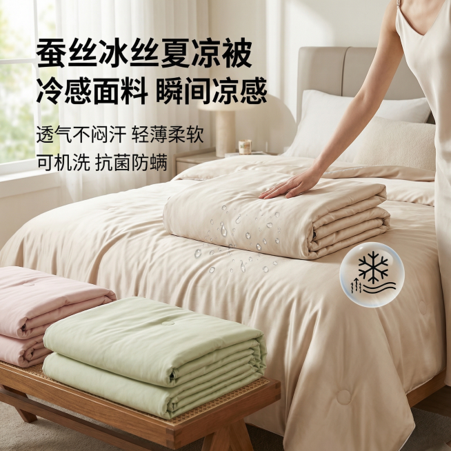 蚕丝冰丝夏凉被商品主图，冷感面料，瞬间凉感，透气不闷汗，轻薄柔软，可机洗，抗菌防螨，简约纯色，轻奢卧室风格，自然光，高清质感，展现人物体验的唯美质感，体现科技分析和柔润瞬凉，适配淘宝和抖音平台，参考图预览效果