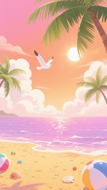 梦幻插画风格的海边风景，画面采用温暖的橙色和粉色渐变天空，点缀着蓬松的白色云朵，阳光透过云层洒下柔和的光芒，海面呈现出梦幻的粉紫色调，波光粼粼，岸边是金黄色的沙滩，散落着彩色的沙滩球和贝壳，几棵高大的绿色椰子树从画面上方垂下枝叶，一只白色的海鸥在天空中飞翔，整体氛围浪漫而宁静，充满夏日的梦幻气息。预览效果