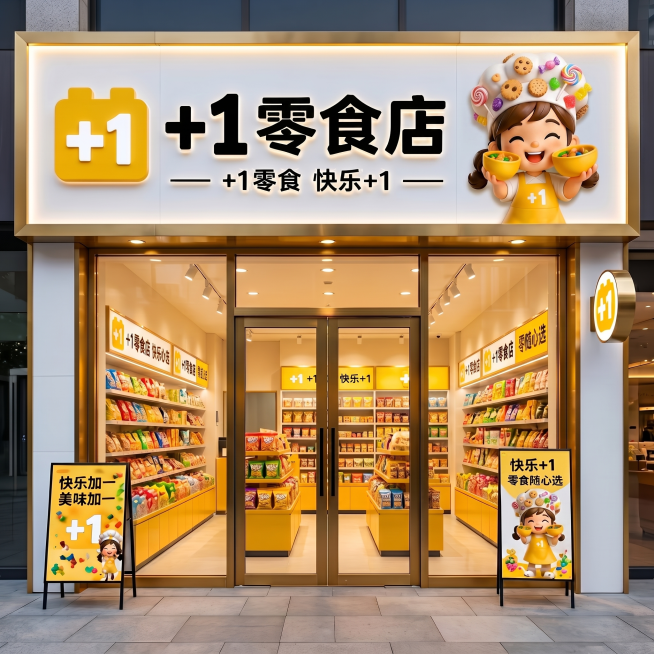 保留原门店场景和所有内容不变，只修改小女孩帽子，把帽子上的十字换成饼干、糖果等零食装饰元素，保持整体风格和质感不变，真实自然预览效果