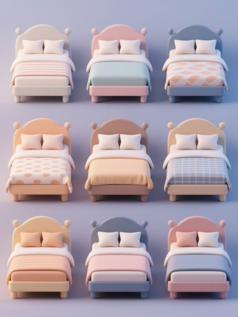 一系列保持圆润线条3D建模风格的大床集合，每张床拥有不同纯色背景与整体色调，床上铺着设计各异的床单和两个相同样式的靠枕，所有床铺整齐排列，呈现出卡通化的可爱质感与柔和光影效果。预览效果