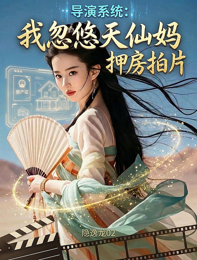 在图底部居中、电影胶片上方添加极小字号的淡金色简约无衬线体文字“隐逸龙02”，字号约为“押房拍片”的1/4，与胶片元素融合，存在感弱，不破坏画面平衡