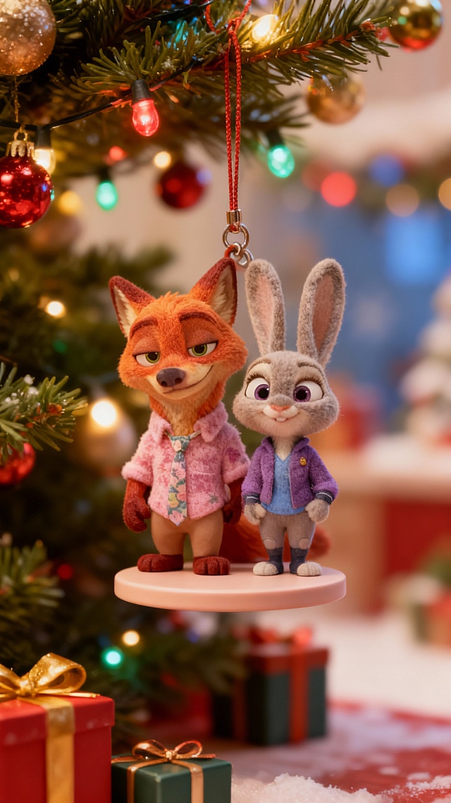 软3D风格的卡通角色挂饰，拟人化的狐狸与兔子身着节日服饰，毛发生长细腻逼真，悬挂于圣诞树上，营造出喜庆温馨的节日氛围。
