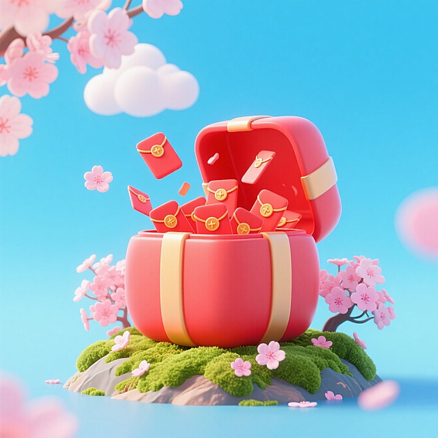 软3D风设计，喜庆卡通红包盒，樱花点缀，节日氛围浓厚。
