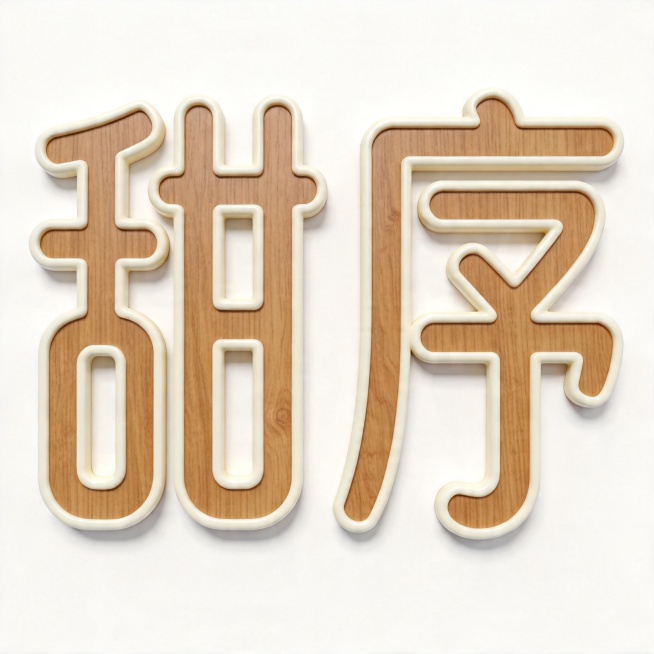干净的纯白色背景。3D艺术字体设计，主体文字"甜序"，所有文字单行横向排列，简约文艺无衬线字体，几何切割圆润处理，浅棕色木质纹理搭配奶油白色描边，适合法式点心铺logo。仅包含2个字："甜序"，不得增预览效果