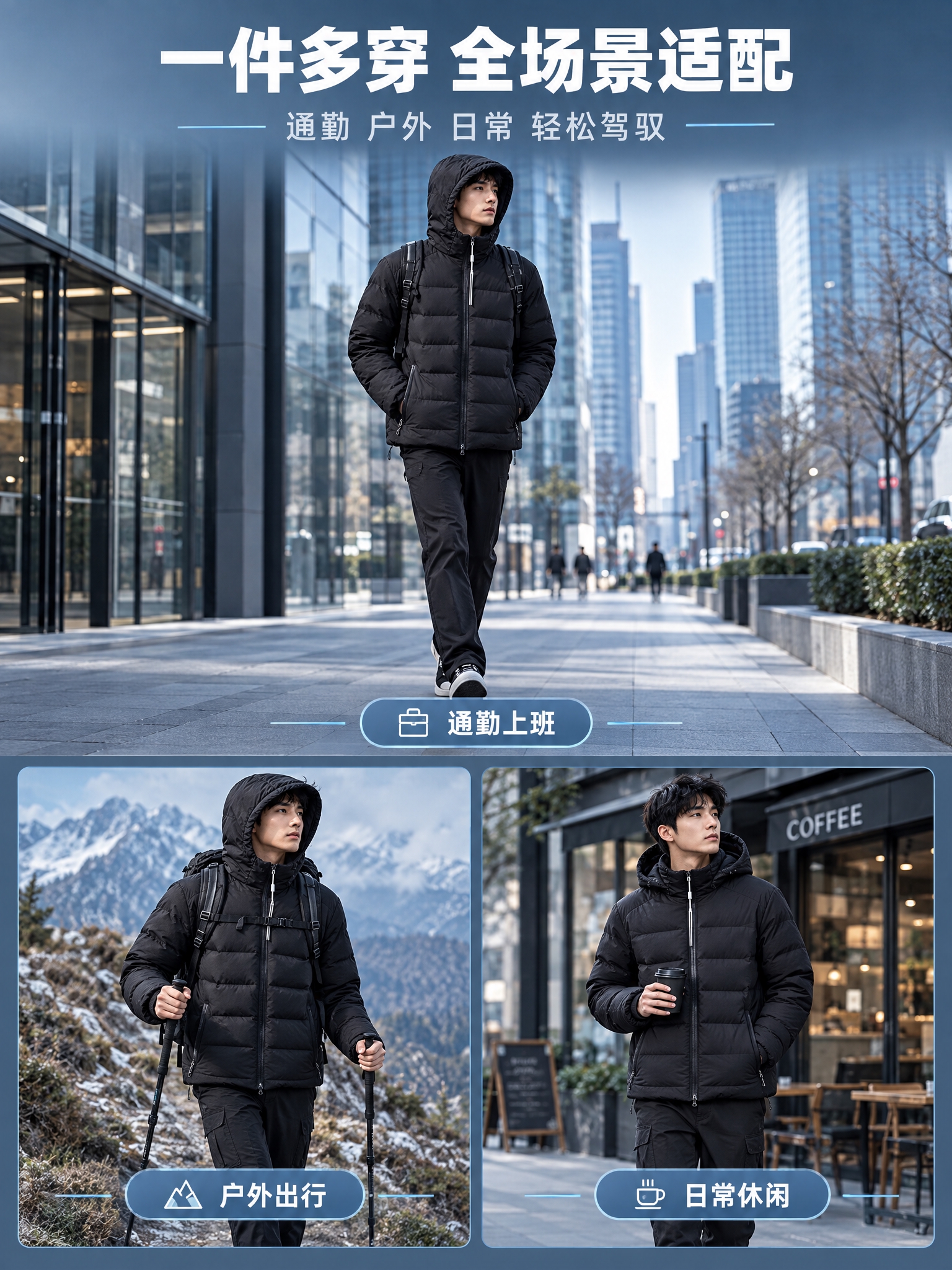 [商品] 使用【图1】男士黑色轻薄连帽羽绒服；商品处理：保留连… - 图片创意预览