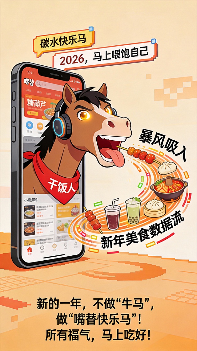 动漫风拟人马头从手机屏幕跃出，像素风美食环绕，拼贴式设计融合喜庆红黄主色，卡通感十足，传递新年“碳水快乐”趣味主题。