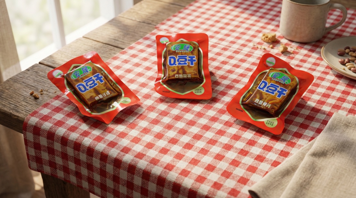 将这三袋Q豆干产品摆放在铺有温馨格纹桌布的木质桌面上，桌面整洁有生活感，光线柔和自然，保留产品原本的包装外观和细节预览效果