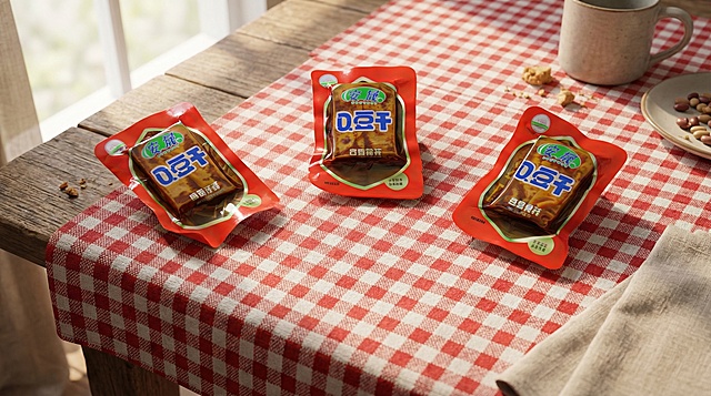 将这三袋Q豆干产品摆放在铺有温馨格纹桌布的木质桌面上，桌面整洁有生活感，光线柔和自然，保留产品原本的包装外观和细节