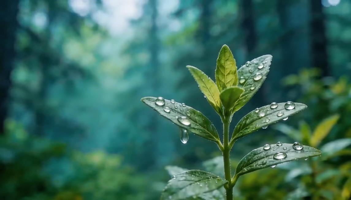 去掉图片上的文字'源自天然植萃'，生成类似的场景图，保留带水珠的绿色新芽前景，模糊森林背景保持一致，整体清新自然，保留原有构图和色调预览效果