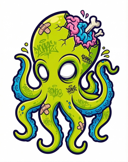 按照参考图的美式复古潮流插画涂鸦风格，生成一个丧尸章鱼，章鱼头部破碎露出脑髓，整体配色方案和参考图保持一致，保留粗黑轮廓线，撞色涂鸦风格，背景为纯白色预览效果