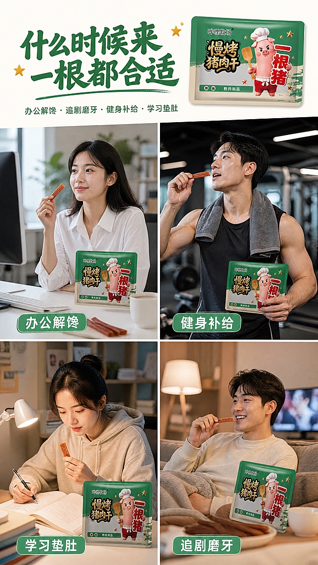 拼多多场景图食用场景，四宫格布局明亮生活方式摄影。左上格：办公桌电脑旁手拿肉干，配标签"办公解馋"；右上格：健身房运动后吃肉干补能量，配标签"健身补给"；左下格：书桌学习旁放肉干，配标签"学习垫肚"；右下格：沙发追剧手拿肉干，配标签"追剧磨牙"。每格场景真实自然，人物动作生活化。主标题"什么时候来一根都合适"，副标题"办公解馋 · 追剧磨牙 · 健身补给 · 学习垫肚"。竖版9:16，4K高清。