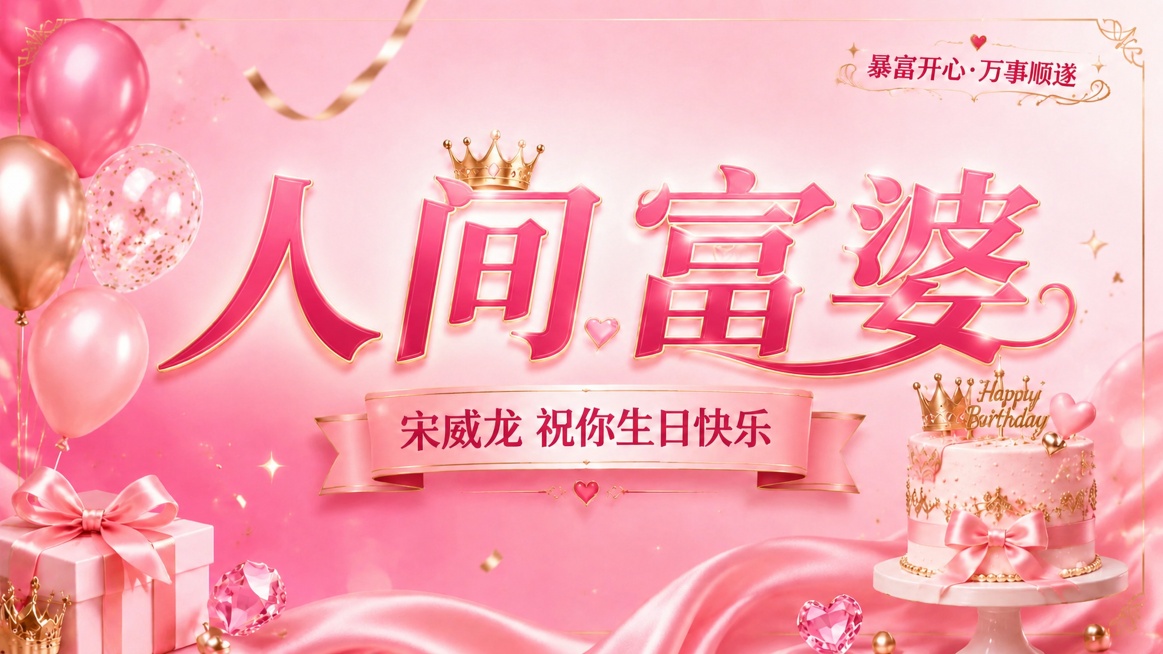 修改海报主标题为"人间富婆"，其他内容保留：副标题为"宋威龙 祝你生日快乐"，右上角装饰文字"暴富开心·万事顺遂"，保持整体粉色系轻奢生日风格，粉色渐变背景，气球礼物蛋糕装饰元素不变，版式精美，文字清预览效果