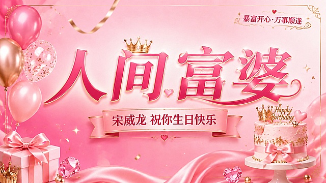 修改海报主标题为"人间富婆"，其他内容保留：副标题为"宋威龙 祝你生日快乐"，右上角装饰文字"暴富开心·万事顺遂"，保持整体粉色系轻奢生日风格，粉色渐变背景，气球礼物蛋糕装饰元素不变，版式精美，文字清晰，16:9横版