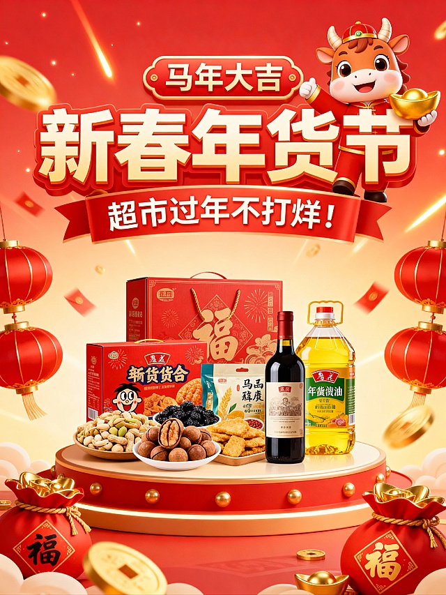 “马年大吉・新春年货节” 超市促销海报，核心元素：马年卡通吉祥物（持金元宝、着红装）、年货组合（零食礼盒、粮油、酒水等）、红金新春装饰（灯笼、福字）；文字布局：顶部 “马年大吉” 标识、主标题 “新春年货节”、标语 “超市过年不打烊！”，背景正红渐变 + 光效点缀。构图：吉祥物居右上增强生肖氛围，年货组合陈列于下部展示台作视觉焦点，促销文字叠于上部，装饰元素环绕烘托年味，视觉热闹喜庆。色彩：正红 + 鎏金 + 产品包装的黄 / 红为主，色调浓郁贴合马年新春。风格：生肖主题 + 超市年货风，元素质感饱满（年货包装细节、吉祥物萌态、背景氛围），传递马年年货节的热闹与 “不打烊” 的促销氛围。