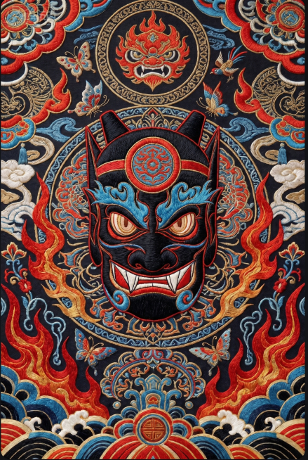 将两张图融合，参考第一张的苗绣刺绣质感，把第二幅也修改为完整的苗绣风格，保留第二张的构图和主题，融入苗族刺绣元素和传统民族纹样，整体保持苗族刺绣风格，纹理精致细腻预览效果