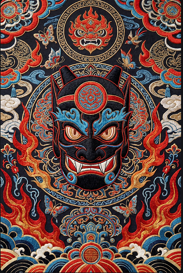将两张图融合，参考第一张的苗绣刺绣质感，把第二幅也修改为完整的苗绣风格，保留第二张的构图和主题，融入苗族刺绣元素和传统民族纹样，整体保持苗族刺绣风格，纹理精致细腻