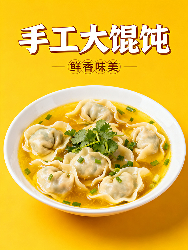 馄饨海报，黄色背景，盛放在白瓷盘里的饱满馄饨，汤汁鲜亮，撒上香菜葱花，色泽诱人，上方配标题文字"手工大馄饨"，下方配小字"鲜香味美"，整体食欲感拉满