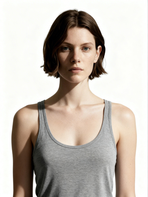 生成不同模特的完整上半身照，模特穿着灰色背心，站姿端正，正面平光，脸上无明显阴影，正面直视镜头，表情平静，背景是纯白色，皮肤质感清晰预览效果