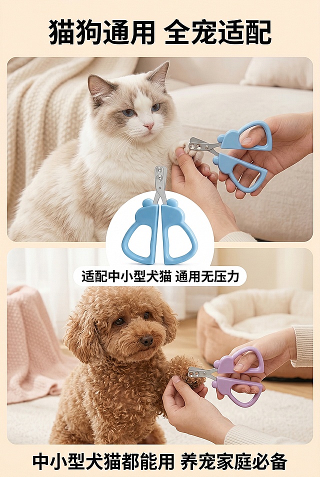 2:3竖版电商详情图，清新马卡龙宠物护理风，严格还原上传的宠物双圆孔指甲剪，产品比例协调，与场景无突兀感。主视觉为上下分栏场景，上半部分展示给布偶猫修剪指甲，下半部分展示给泰迪犬修剪指甲，中间放置蓝色款指甲剪，标注"适配中小型犬猫 通用无压力"，背景为柔焦居家场景。主标题"猫狗通用 全宠适配"，副标题"中小型犬猫都能用 养宠家庭必备"，文字采用粗体无衬线字体，颜色为黑色，主标题居上居中，副标题居下居中，排版分栏清晰，整体风格温馨治愈，高清质感。禁止修改产品造型颜色，禁止场景比例失调，禁止猫狗形象失真，禁止产品与场景比例失调，禁止添加无关元素，禁止风格割裂