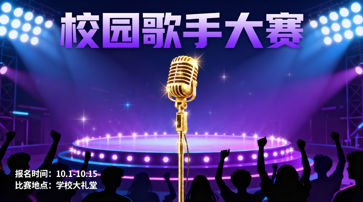 将海报中的麦克风修改成金光闪闪的效果，保持其他设计不变：校园歌手大赛宣传海报，背景是璀璨灯光的舞台，紫色蓝色渐变色调，底部预留文字区域，风格年轻活力动感预览效果