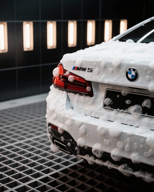 生成自助洗车的图片，车辆为白色宝马5系,画面要炫酷，高级。地面为灰色格栅，墙面灰色碳晶板，天花9个长方形发光灯片。生成20张图片，整体局部都需要，背景劲量少，突出汽车泡沫，冲水画面，泡沫要浓稠。预览效果
