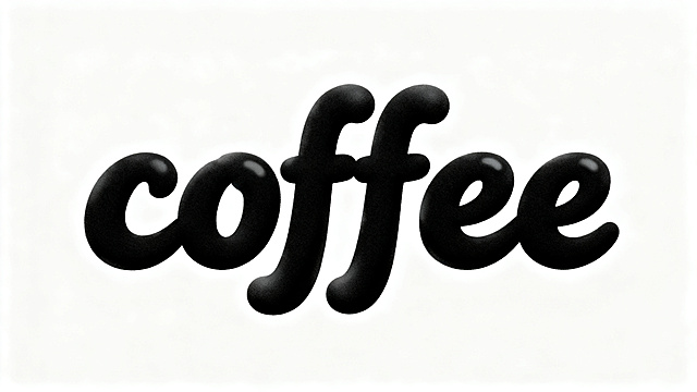 手写体风格艺术字，文字为"coffee"，圆润饱满的手写泡沫造型，笔画厚重流畅，整体为纯黑色，背景为纯白色，无任何阴影和装饰细节，干净清晰，可爱又有力量感