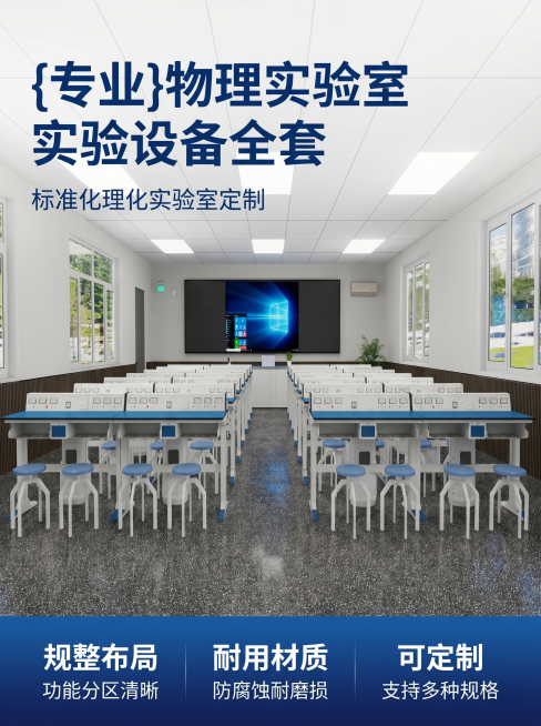 [主图 1] 学校物理实验室整体场景展示首图。
[氛围风格] 专业现代教育空间，明亮清爽，学术质感；
[画质] 商业摄影质感、光线柔和通透、产品清晰真实、画面干净高级。
[元素] 实验室整体场景居中展预览效果