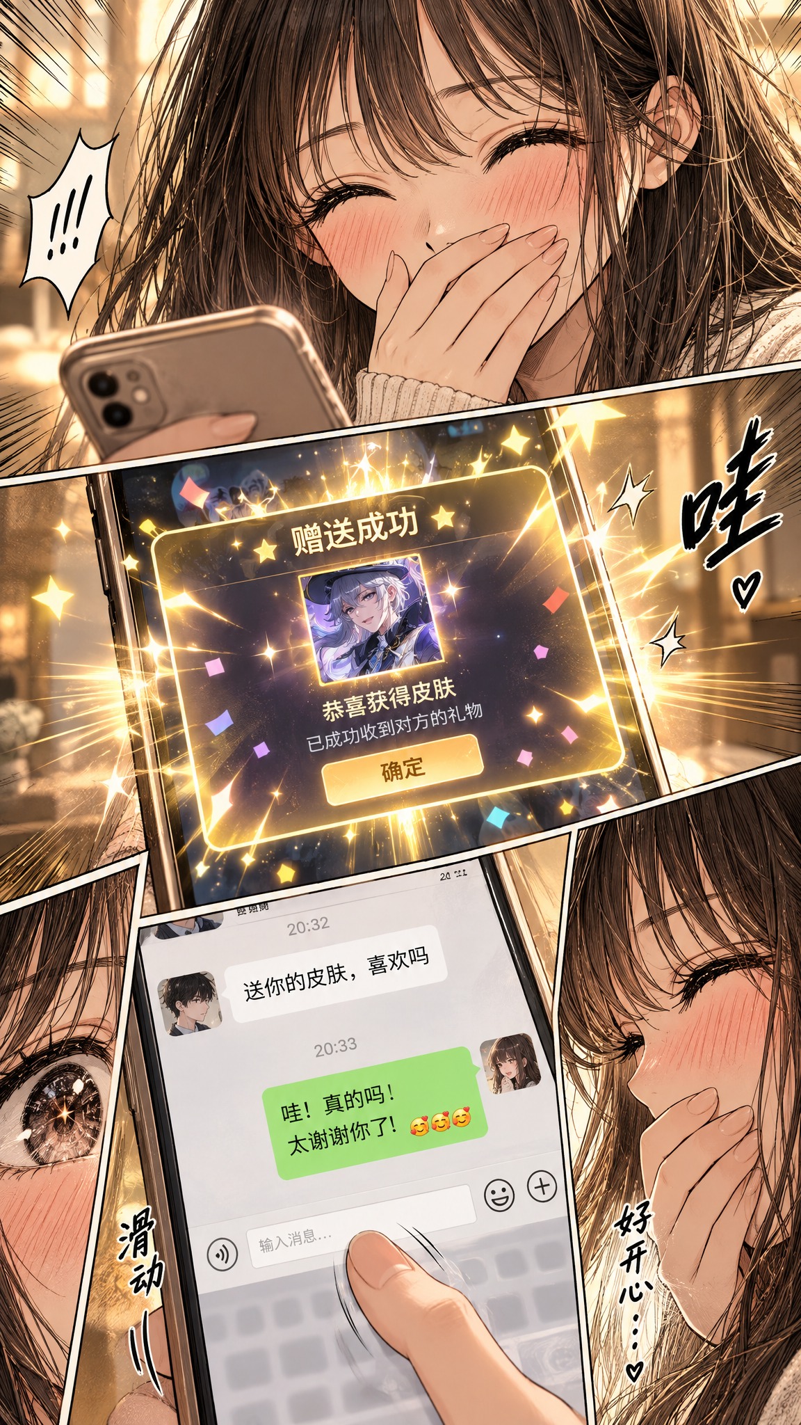 日式悬疑漫画风格，女生手持手机的近景特写，屏幕上弹出游戏皮肤赠… - 图片创意预览