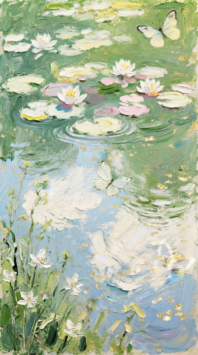 左下角花草里放置几朵白色小花，两只白色蝴蝶