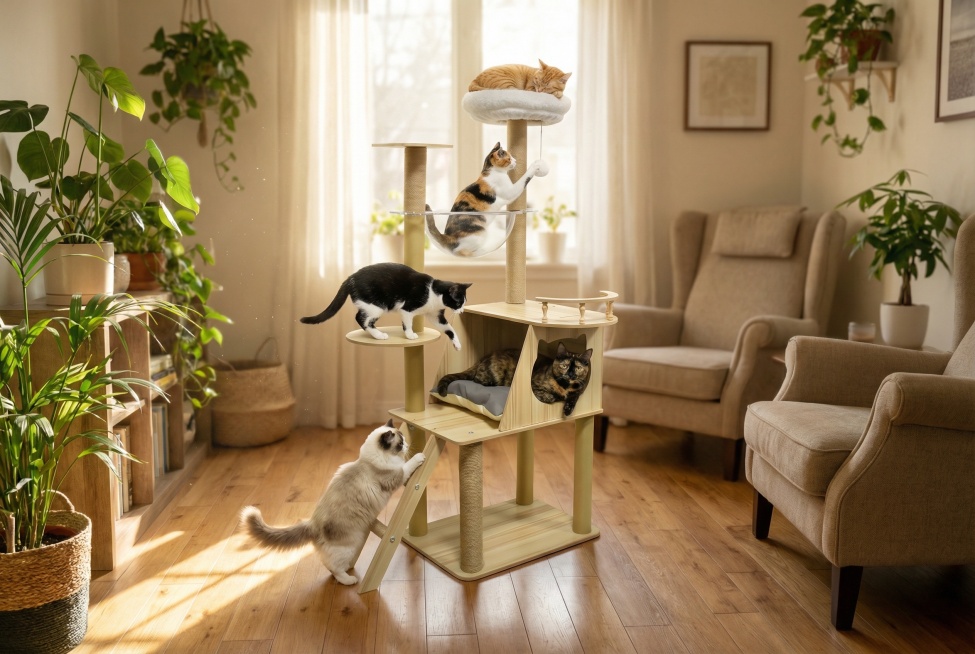 给这个猫爬架p个室内的背景，然后在猫爬架上面放一些猫在玩耍预览效果