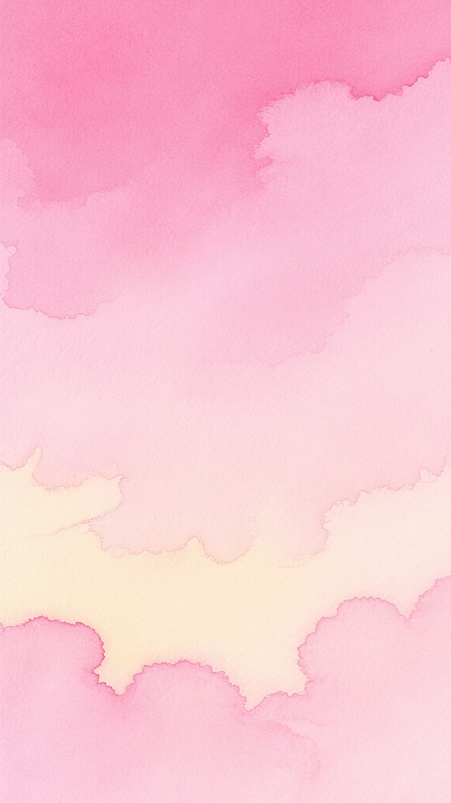 一张粉色背景的水彩风格插画，画面以柔和的粉色为基调，从顶部的深粉色逐渐过渡到中部的浅粉色，再到下方的淡黄色，色彩渐变自然柔和，充满了温暖、浪漫、梦幻的氛围。水彩颜料在纸上晕染开来，形成了柔和的边缘和模糊的色块，没有明显的笔触痕迹，整体呈现出一种轻盈、通透、朦胧的质感，仿佛是一片粉色的云彩，又像是一幅淡雅的水彩画，给人一种宁静、舒适、温馨的感觉。