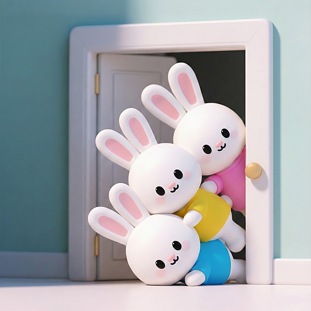 修改三只的姿势做趴在门边，一个在一个头上趴着偷看的动作