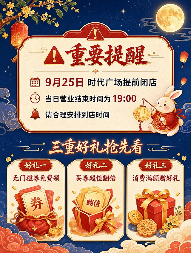 [商品] 无实物商品，为时代广场中秋活动宣传长图第2张（活动总览+闭店提醒）。
[画面] 页面目标：总览三重好礼，醒目提醒9月25日提前闭店。构图：竖版上下分两区，上半区约占40%为重要提醒区，醒目的警示样式卡片；下半区约占60%为三重好礼总览，三列并排小卡片展示。主体占比：信息卡片约占画面70%。景别：信息页平面排版。阅读动线：先上后下，先看提醒再看好礼总览。前中后景：深蓝夜空渐变背景（后）、云纹/桂花枝装饰（中）、信息卡片与文字（前）。
[视觉] 套系策略：风格=新中式国潮商业插画，温馨喜庆中秋氛围；标题字=书法宋体粗体，带毛笔笔锋；正文字=简洁无衬线圆体；主色=朱砂红+暖金+深蓝夜空；背景延展=基于深蓝夜空做渐变层次，点缀暖金色星光、云纹、桂花枝；强调色=暖金色，仅用于图标点缀、分割线、卡片描边；标题色=朱砂红+暖金渐变；正文色=米白色；组件=圆角云纹信息卡、金色细线分割、中式灯笼/玉兔小图标装饰；光影=整体均匀柔光，卡片有轻微投影浮起感。
[文字] 上半区大标题"⚠️ 重要提醒"，正文"9月25日 时代广场提前闭店""当日营业结束时间为 19:00""请合理安排到店时间"。下半区标题"三重好礼抢先看"，三张小卡片分别写"好礼一 无门槛券免费领""好礼二 买券超值翻倍""好礼三 消费满额赠好礼"。所有文字横排，层级清晰。
[规格] 图片比例3:4竖版（小红书封面尺寸），分辨率4K，负向提示：避免变形、错字、文字过小、冷灰色调、现代极简风格、竖排文字。