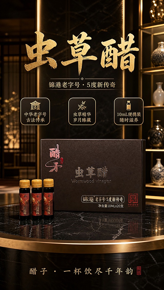高端新中式展厅场景海报，画面中央陈列着醋子虫草醋产品——一盒完整的深棕色礼盒装与几支口服液小瓶，产品100%还原上传商品图的外形、包装、LOGO、印刷文字、颜色与正面朝向，完整保留「醋子」书法logo（粉金渐变+红色印章）、「虫草醋」烫银大字、「Wormwood vinegar」英文、「锦港老字号·5度新传奇」、「净含量10mLx20支」、「中华老字号」红色印章等所有包装文字细节，深棕色礼盒的磨砂质感与烫银烫金工艺、口服液瓶的黄色瓶盖与红色国风标签均清晰可见。注意：画面中只出现一盒完整的深棕礼盒（正面完整展示）和3支口服液小瓶陈列在礼盒前方左侧，产品组合干净整洁，没有多余的半个盒子，产品质感精致贵气。

场景设定在高端中式品牌展厅内：背景是深色大理石展墙与暖金色竖条灯带，展墙右侧有金色边框玻璃陈列柜，柜中摆放精致的中式陶瓷花瓶摆件，地面为白色大理石台面，产品陈列在黑色大理石展台上，展台边缘有金色金属包边。展厅空间纵深开阔，背景虚化呈现中式格栅与陈列柜的轮廓，营造博物馆级展陈氛围。

光影：顶部多盏暖金色聚光灯打在产品上，形成柔和的高光与精致阴影，深棕礼盒表面有温润的金属光泽反射，口服液瓶身通透有质感，整体光线温暖典雅，突出高端贵气的质感。

配色：主色调为深棕咖 + 暖金色 + 大理石白，点缀朱红色印章元素与粉金色书法色调，整体色调沉稳华贵，新中式轻奢风格。

版式：竖版海报，产品位于画面中下部，占据画面核心视觉。画面上方为标题区，主标题大字「虫草醋」采用金色书法字体，副标题「锦港老字号 · 5度新传奇」位于主标题下方，字体稍小。画面左右两侧分布三个卖点标签，金色描边圆角矩形，内文分别为「中华老字号 古法传承」「虫草精华 岁月臻藏」「10mL便携装 随时滋养」。画面底部有装饰语「醋子 · 一杯饮尽千年韵」，搭配红色印章元素。所有文字清晰可读，排版精美，四周留有安全边距。

整体风格：写实商业摄影质感，高端贵气，新中式轻奢，展厅陈列氛围，超高清画质，材质细节丰富，版式精美。
