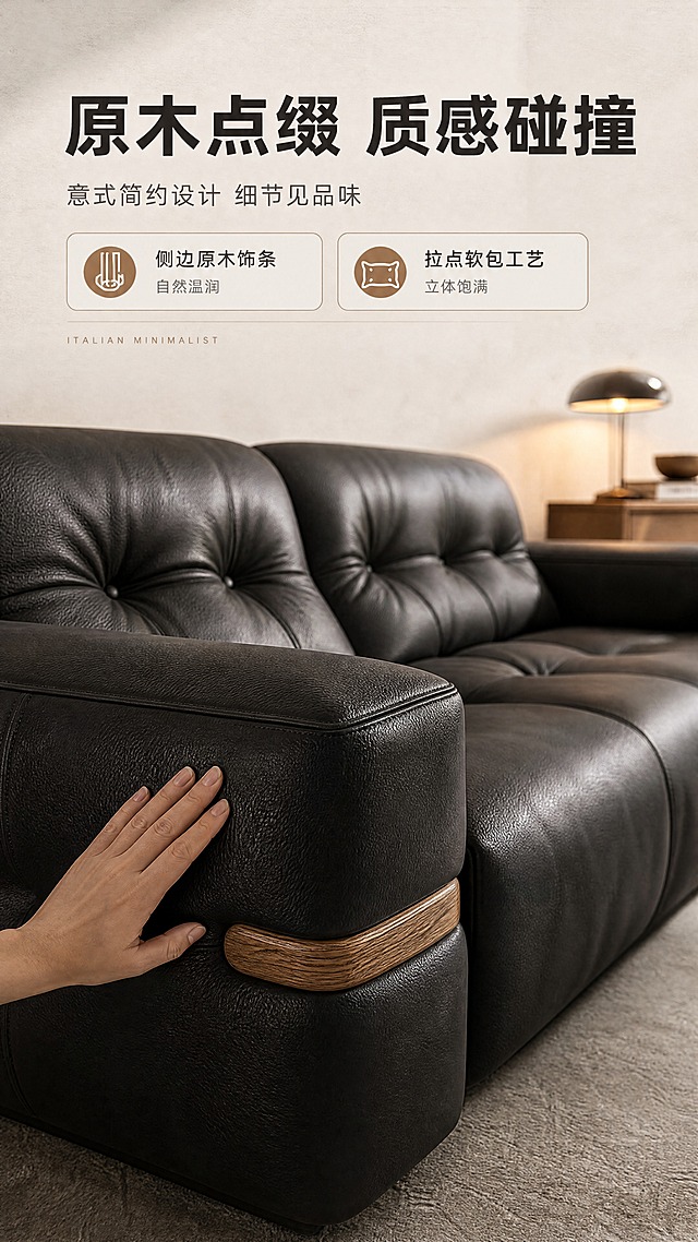 [商品] 使用【图1】深灰黑色意式拉点软包沙发；保留拉点软包造型、侧边原木点缀饰条、宽厚扶手、深灰黑皮质颜色和质感；增强皮革纹理、拉点缝线细节和原木纹理，不改变结构。
[画面] 目标：设计美学叙事页，突出侧边原木点缀与拉点软包的材质碰撞。构图：上文下景，顶部约1/4文案区，下方大特写场景；沙发侧扶手+原木饰条为视觉焦点，局部特写拉点软包靠背；前景手轻轻触摸皮面，中景沙发侧部细节，后景虚化原木边几+暖光台灯；质感对比氛围。
[视觉] 套系策略：风格=意式极简高级商业摄影，暖调自然光；标题字=现代无衬线粗黑体；正文字=简洁无衬线体；主色=深炭灰+原木棕；背景延展=基于米灰+暖白做深浅层级、同色渐变和细腻微水泥/哑光墙面质感；强调色=原木棕，仅用于小面积图标、引线、标签和点缀；标题色=深炭灰；正文色=中暖灰；组件=圆角浅底信息卡、细线引线、原木色胶囊标签；光影=左前侧暖柔光，右侧自然光补光，柔和阴影。
[文字] 顶部文案区：主标题「原木点缀 质感碰撞」，副标题「意式简约设计 细节见品味」；下方配2个信息点：「侧边原木饰条 自然温润」「拉点软包工艺 立体饱满」；底部小字英文装饰「ITALIAN MINIMALIST」；横排排版，不遮挡主体细节。
[规格] 图片比例9:16竖版，4K分辨率，淘宝/天猫详情页适配；避免变形、错字、文字过小、冷蓝/蓝灰背景、沙发颜色改变、版型失真、绝对化用语。