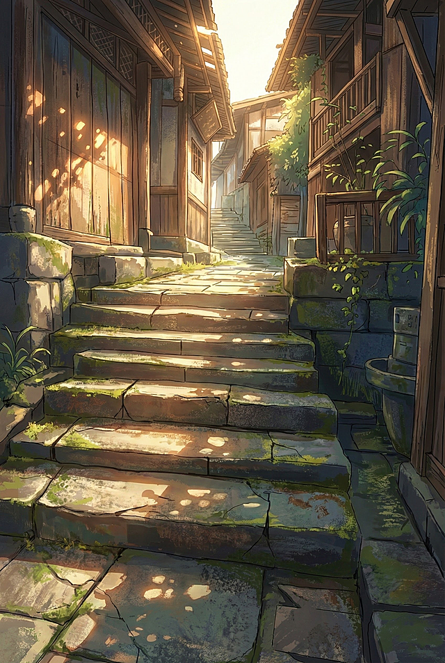 插画风融合厚涂与重拟物手法，展现古巷光影交错的静谧清晨，木质建筑与青石台阶交织出浓郁中式古典韵味，水彩质感晕染出质朴而复古的氛围。