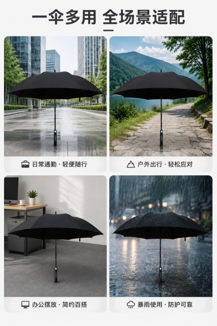 [第6屏] 多场景拼图展示，黑色长柄晴雨伞多种适用场景。本屏使用【图1】的雨伞主体，分别适配不同场景。
[氛围/风格] 丰富场景展示，简洁明快，商务生活融合质感。
[元素布局] 2×2四宫格拼图，分别预览效果