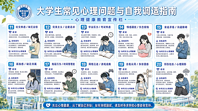 制作一张大学生心理健康教育宣传栏展板，延续参考图的设计风格：浅蓝色渐变清新背景，顶部圆形校徽和大标题“大学生常见心理问题与自我调适指南”，副标题“心理健康教育宣传栏”，内容分为两排，共10块内容区域，每块区域编号11到20，每块包含“症状”“自我调节”“如何关注心理健康”三段文字，文字为用户提供的完整内容，每个区域搭配对应的大学生人物手绘插画，底部蓝色横幅写着“关注心理健康，从了解自己开始；如有持续困扰，请及时寻求学校心理咨询支持。”，整体排版整齐清晰，和参考图布局一致。