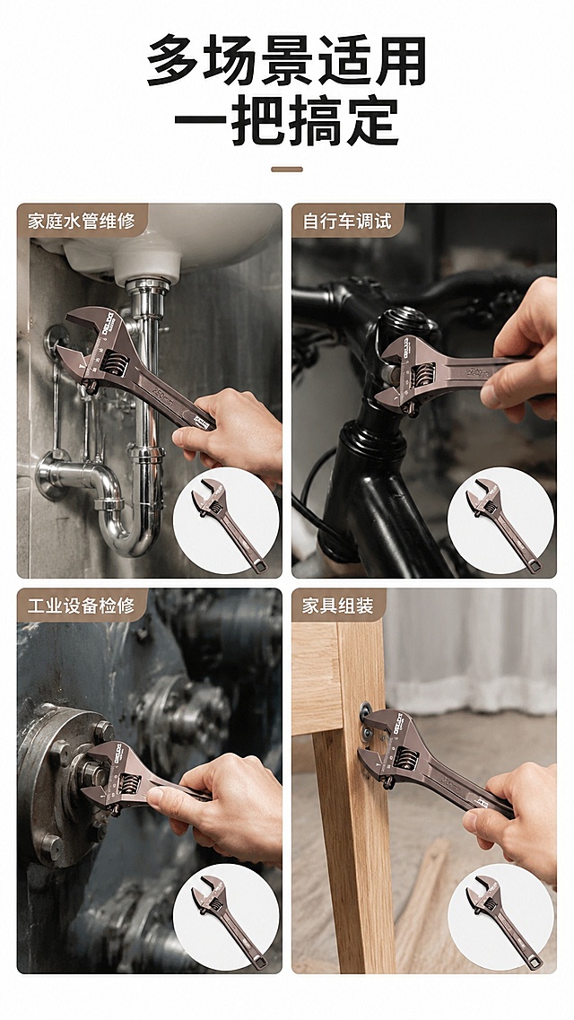 [第3屏] 场景适配-xxx活动扳手适用多场景展示。本屏使用【图1】作为产品主体。
[氛围/风格] 写实生活化风格，工业维修场景氛围感，真实自然，贴近使用环境。
[元素布局] 画面上半部分为标题区，下半部分四宫格展示四个使用场景：家庭水管维修、自行车调试、工业设备检修、家具组装，每个场景角落放置小尺寸扳手特写展示产品；产品主体结构颜色与原图一致。
[光影质感] 场景自然采光，产品清晰突出，明暗自然，整体通透。
[配色色系] 全局底色 #FFFFFF；主色深灰场景；辅助色棕铜扳手、黑色文字。
[视角构图] 版式排版，每个场景独立分区，视觉均衡，阅读动线清晰。
[文字版式] 顶部主标题「多场景适用 一把搞定」，每个场景配4字场景标签，文字不遮挡产品主体，大小适中清晰可读。
[比例分辨率] 9:16竖版比例，4K分辨率，高清画质。
[负向提示词] 产品变形，文字过小，场景杂乱，颜色偏差，水印，文字错乱