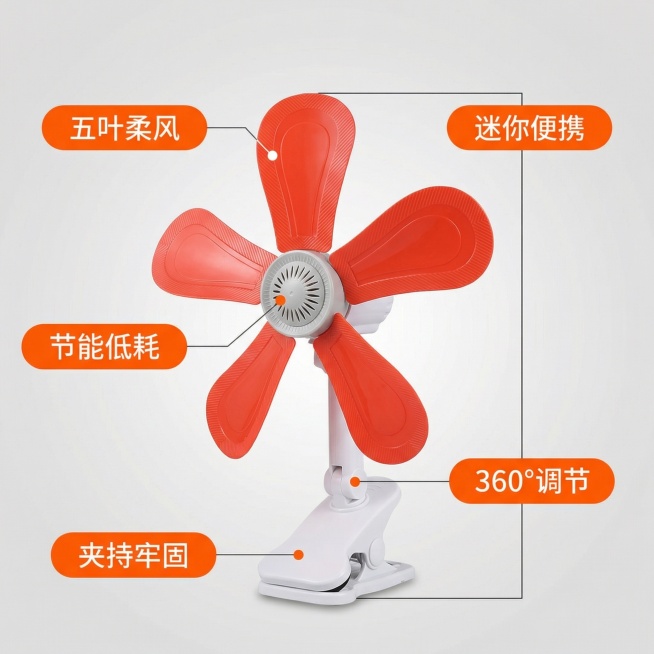 [垫图]用户上传原图
[主图主题]778圆盘节能微风夹扇卖点分解
[氛围/风格]简约科技风，干净清爽，突出功能优势
[画面元素]夹扇产品居中放置，五个核心卖点以胶囊标签形式错落环绕在产品周围，背景为简预览效果
